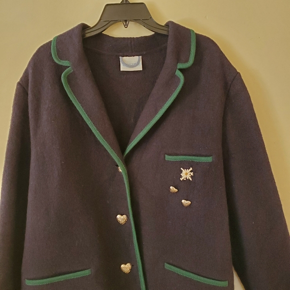 Vintage Boiled Wool Burgefried Navy Blue Green Floral Jacket Coat Size Large - Picture 8 of 10